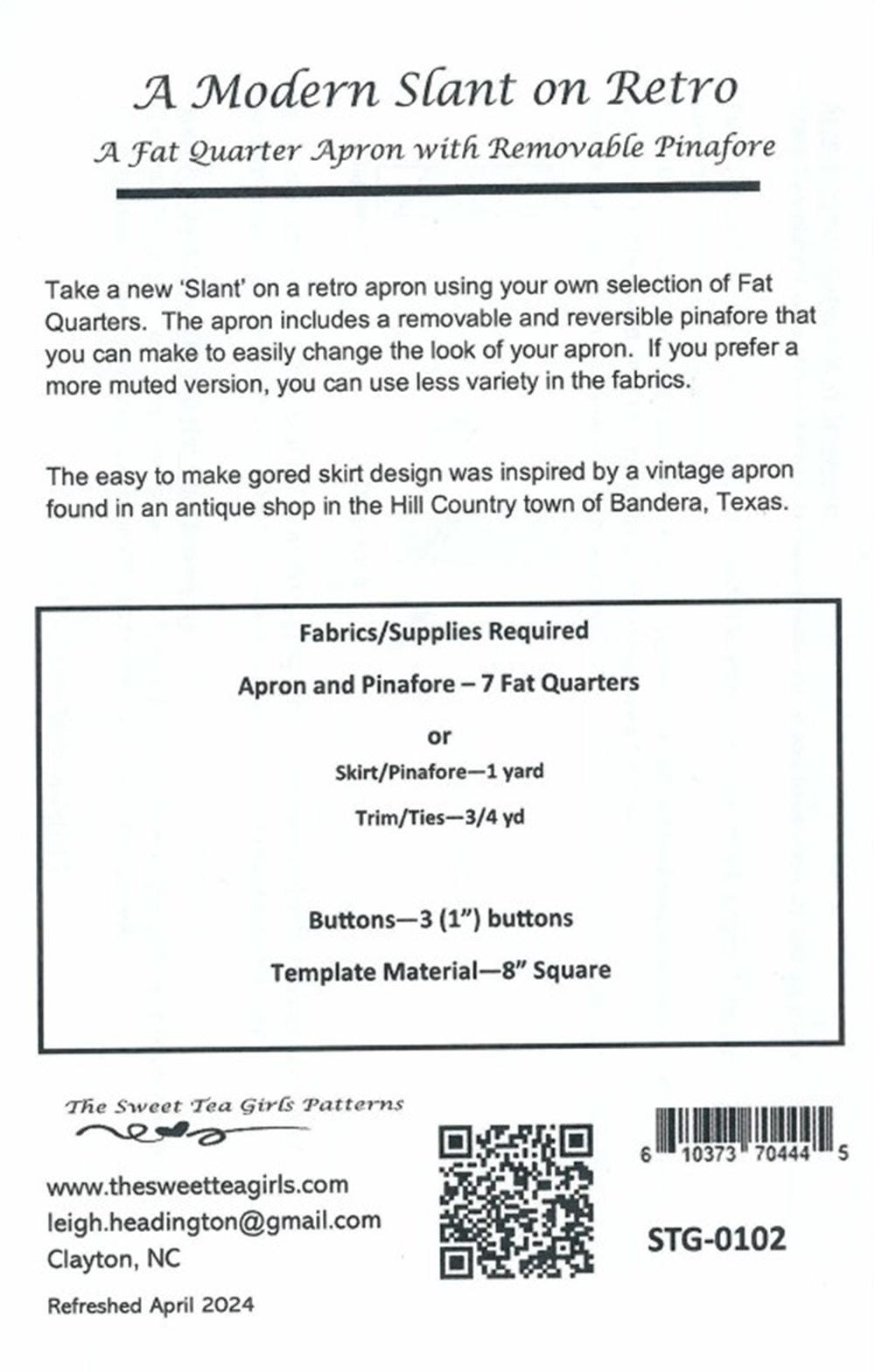 A Modern Slant on Retro Apron pattern from The Sweet Tea Girls - fabric not included