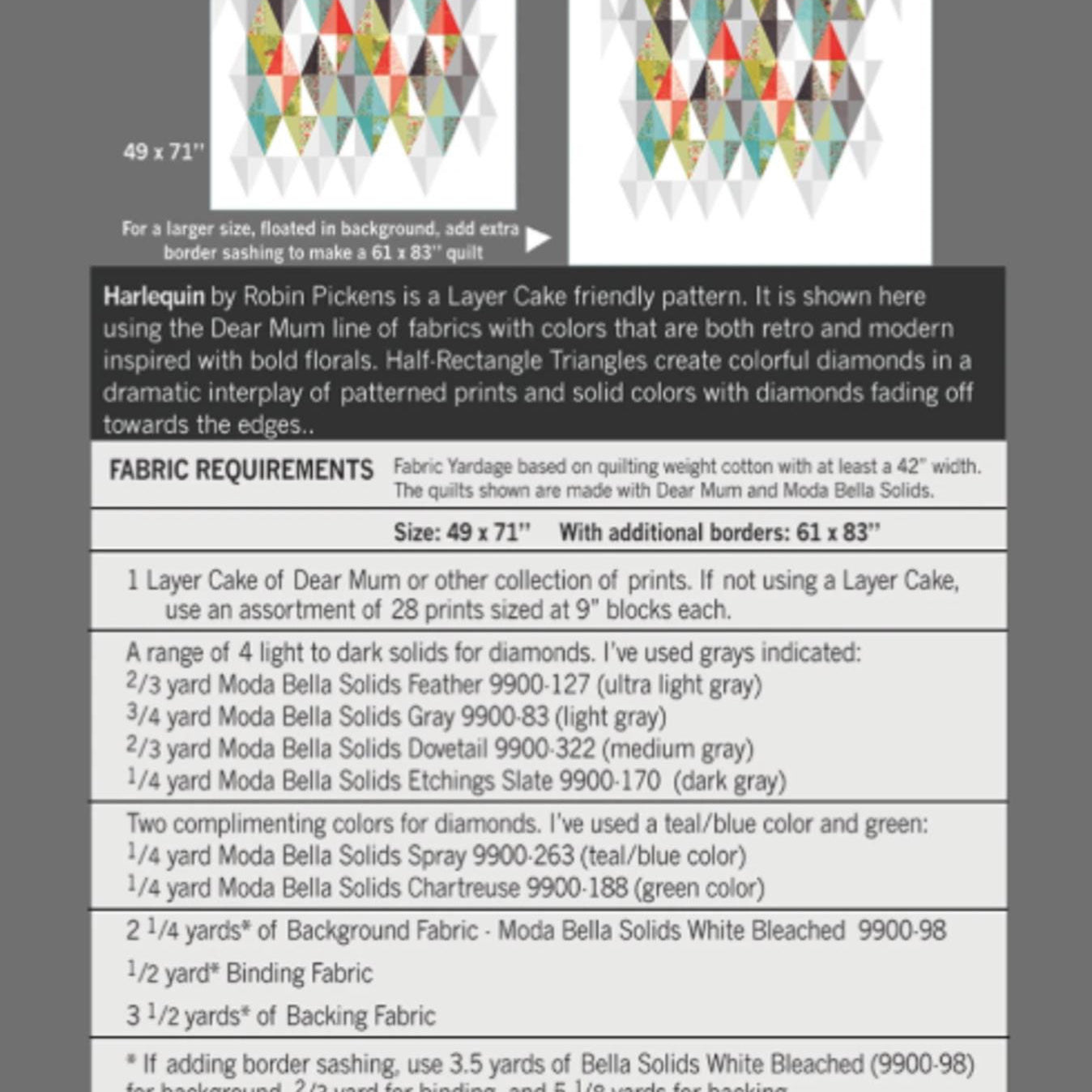 Harlequin Quilt Pattern by Robin Pickens. Layer Cake Friendly.
