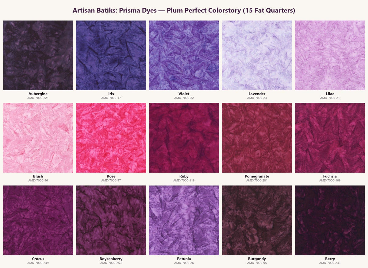 Artisan Batiks Prisma Dyes Fat Quarter Bundle – Plum Perfect Colorstory, Robert Kaufman (15 pcs) - QuiltingJoyPDX