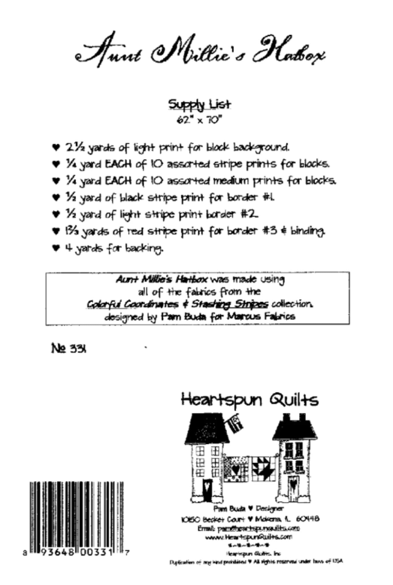 Aunt Millie's Hatbox Quilt Pattern by Pam Buda- Finished size 62" x 70" - QuiltingJoyPDX