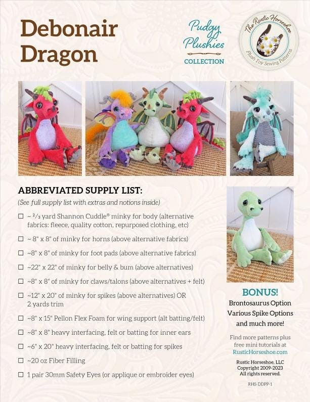 Debonair Dragon Toy Pattern from Rustic Horseshoe - 20" x 20" - QuiltingJoyPDX