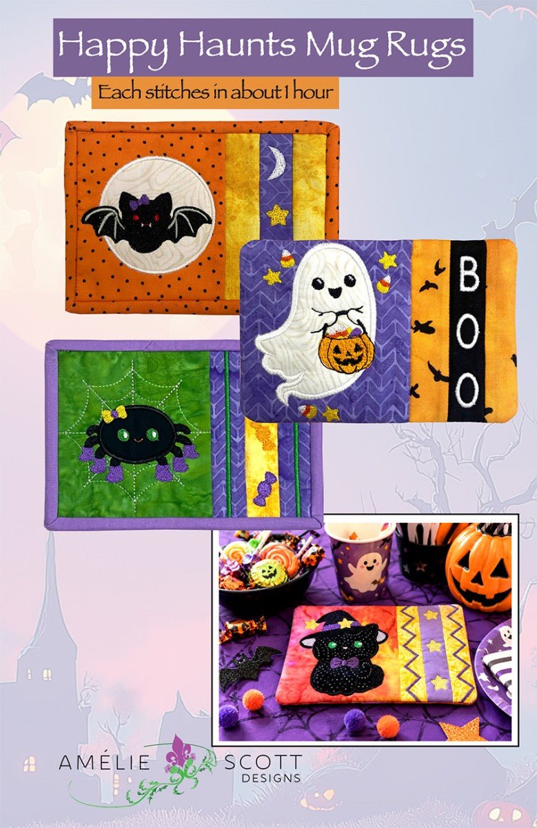 Happy Haunts Mug Rugs - Machine Embroidery - QuiltingJoyPDX