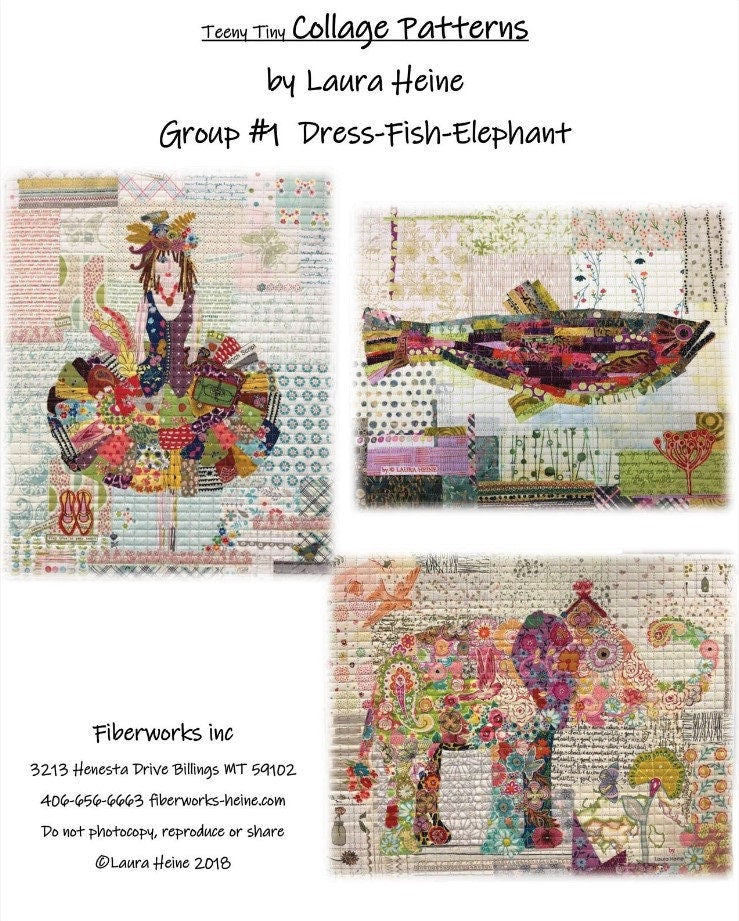 Teeny Tiny Collage Quilt Patterns #1 by Laura Heine - Dress, Fish, Elephant