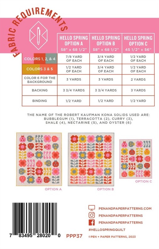 Hello Spring Quilt Kit: Kona Solids Fabric + Pattern (45.5" x 56")