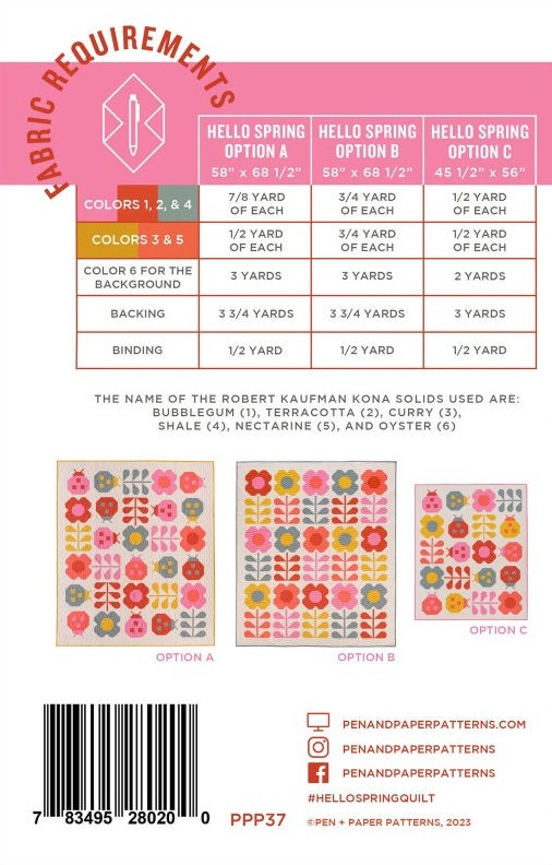 Hello Spring Quilt Kit-Includes fabric+pattern. Finished size 45.5" x 56". Featuring Kona Solids by Robert Kaufman as shown in pattern pic.