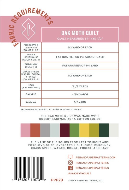 Oak Moth Quilt Pattern by Pen + Paper Patterns (57" x 67.5")