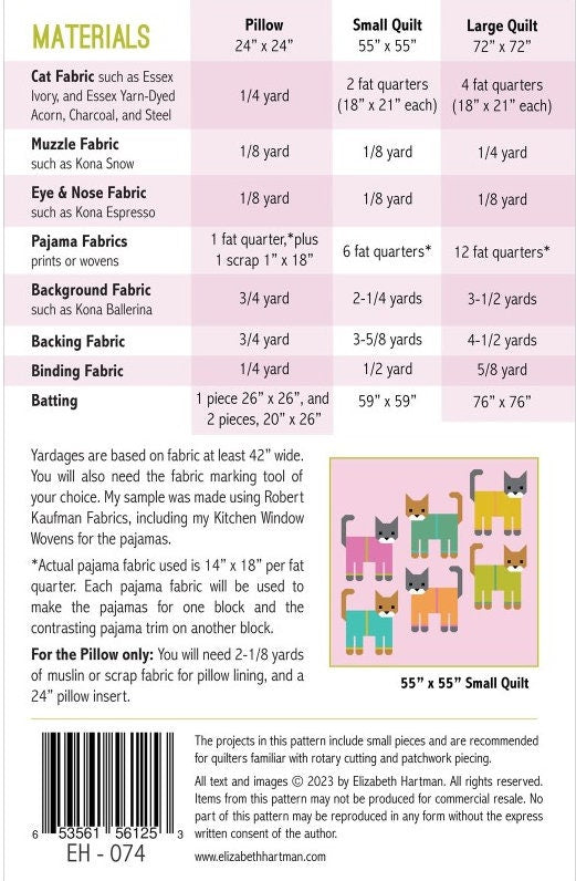 Cats in Pajamas Quilt Pattern by Elizabeth Hartman - Pillow + two sizes included.