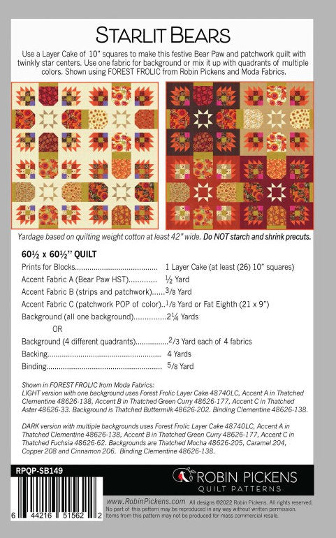 Starlit Bears Quilt Pattern by Robin Pickens.  Finished size 60.5" x 60.5" - Layer Cake Friendly.