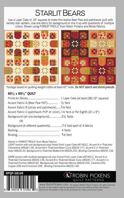 Starlit Bears Quilt Pattern by Robin Pickens.  Finished size 60.5" x 60.5" - Layer Cake Friendly.