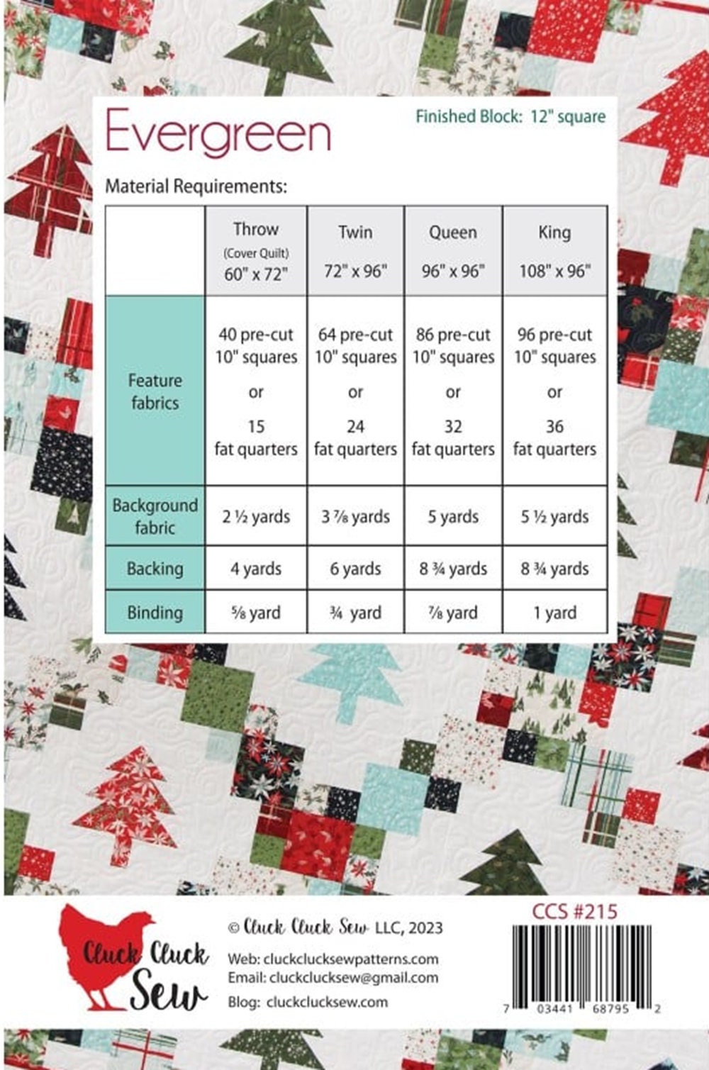 Evergreen Quilt Pattern by Allison Harris for Cluck Cluck Sew - 4 sizes included, Layer Cake and Fat Quarter Friendly.