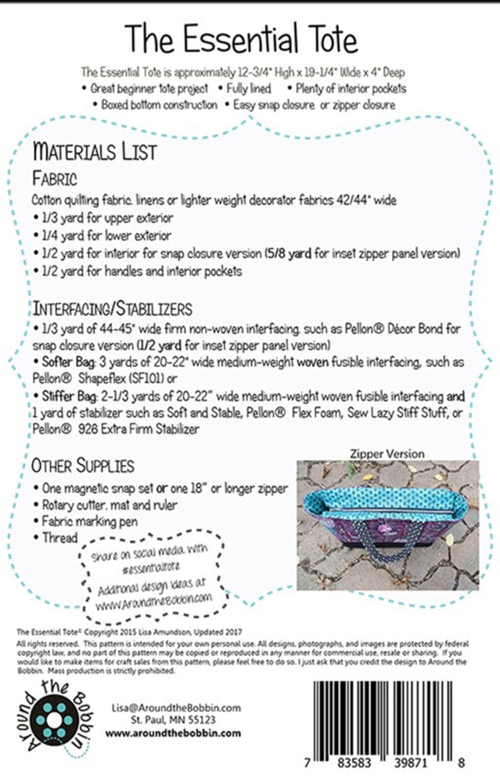 The Essential Tote Pattern by Lisa Amundson: Beginner Sewing Project (12-3/4" x 19-1/4" x 4")