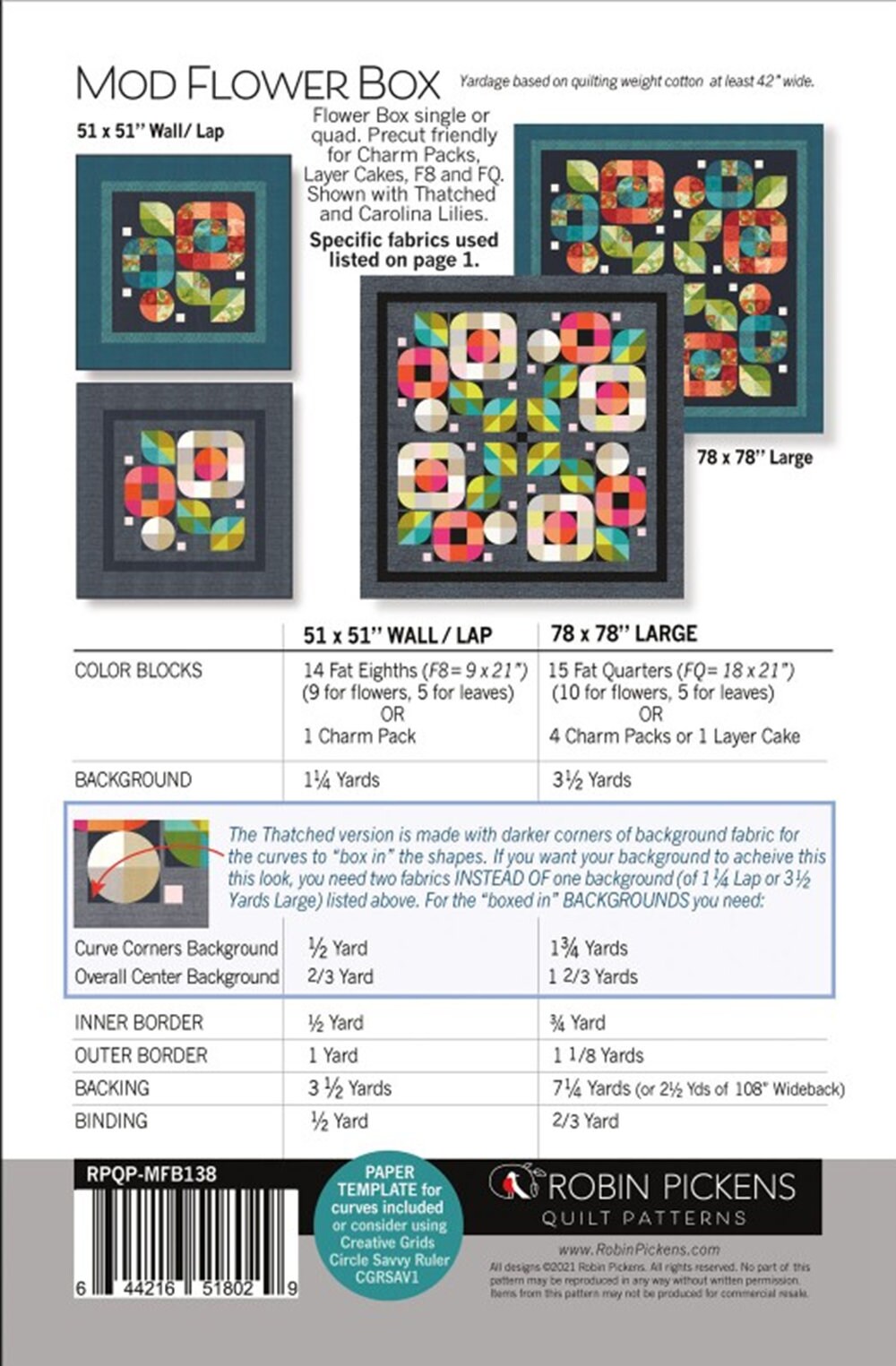 Mod Flower Box Quilt Pattern by Robin Pickens. Layer Cake and Fat Quarter Friendly.
