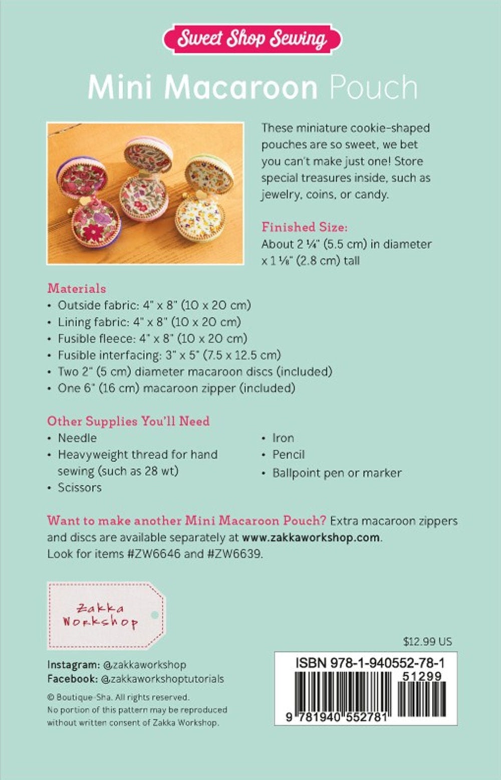 Mini Macaroon Pouch Pattern - includes Zipper and Discs.  Finished size about 2-1/4" x 1-1/8"
