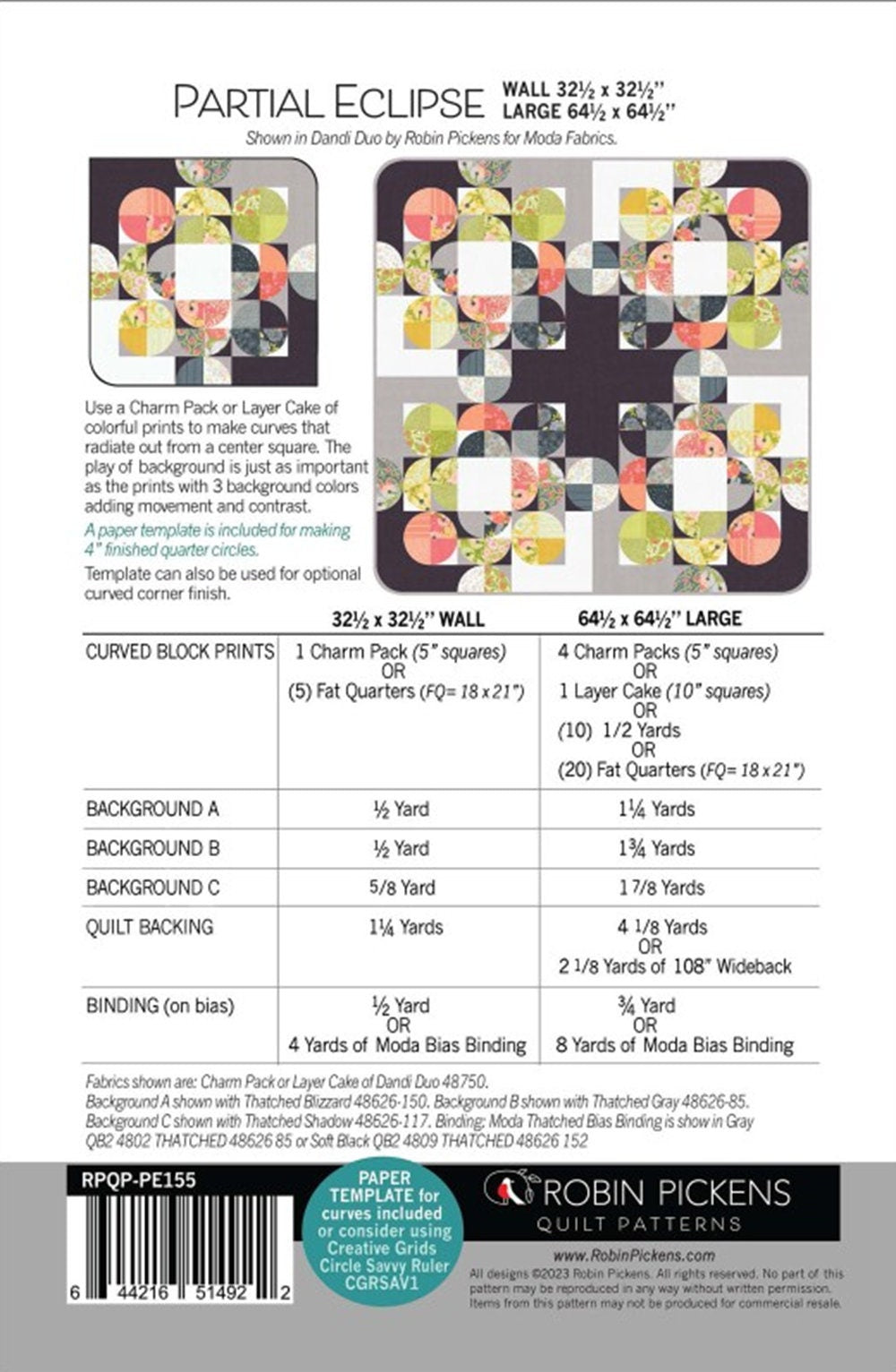 Partial Eclipse Quilt Pattern by Robin Pickens. Charm Pack, Layer Cake and Fat Quarter Friendly. Two Sizes included.