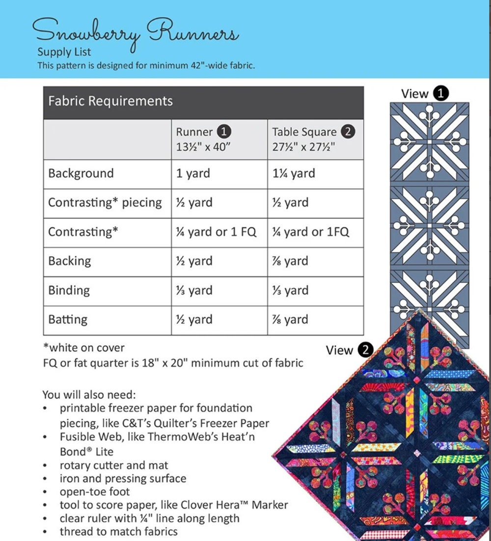 Snowberry Table Runner Pattern: Freezer Paper Piecing (13.5" x 40")