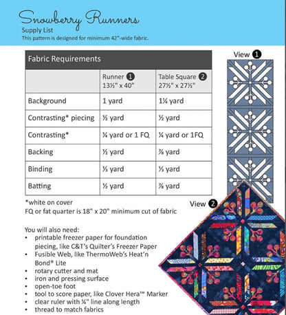 Snowberry Table Runner - Freezer Paper Piecing pattern. Designed by Kristine Poor 13.5" x 40". Also include Table Square instructionsS.