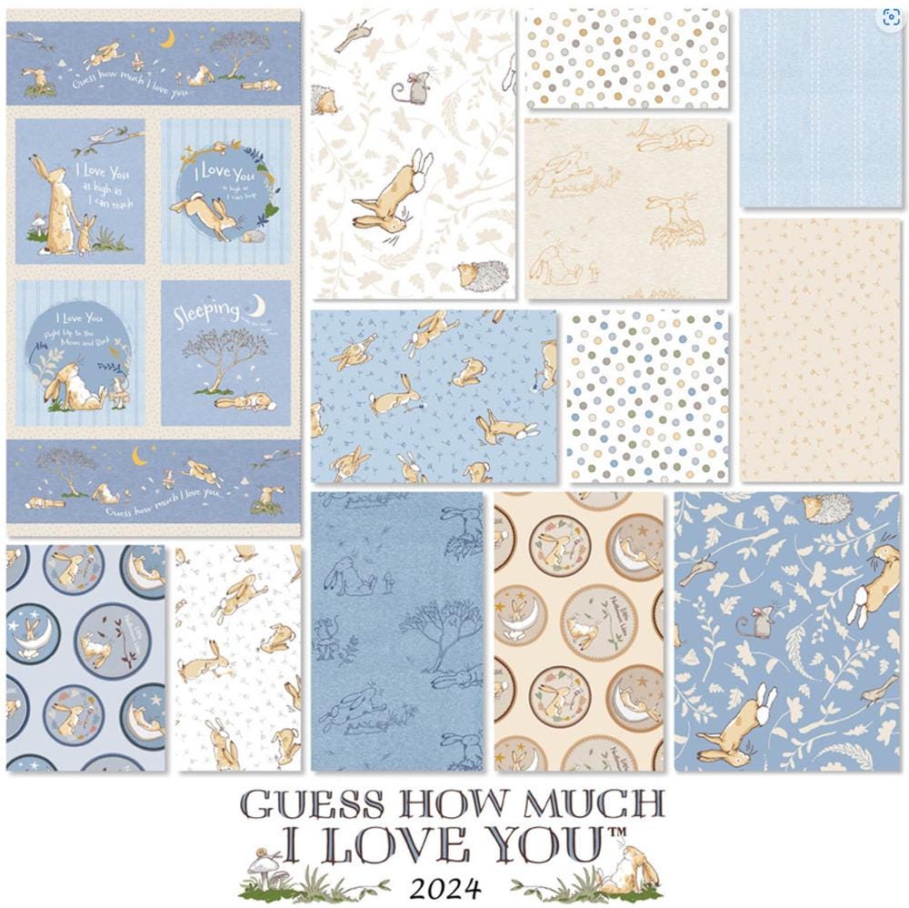 Guess How Much I Love You 2024 Panel + Twelve Fat Quarters - designed by Anita Jeram, Blue or Coral colorway.