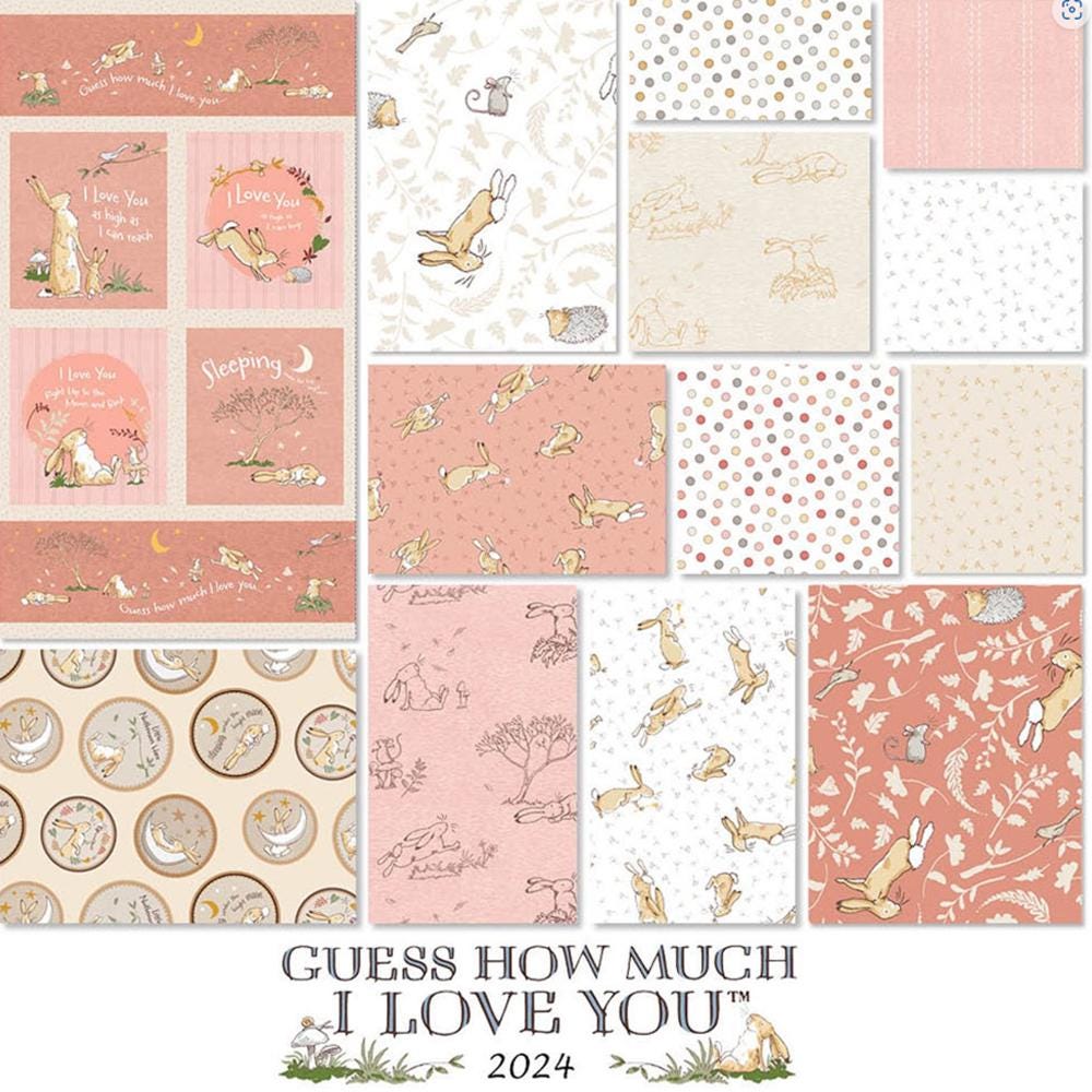 Guess How Much I Love You 2024 Panel + Twelve Fat Quarters - designed by Anita Jeram, Blue or Coral colorway.