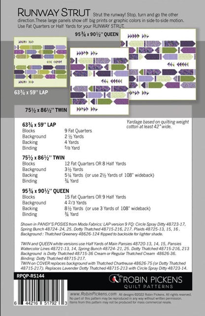 Runway Strut Quilt Pattern by Robin Pickens. FatQuarter/Half Yard Friendly. Three sizes included in pattern instructions.