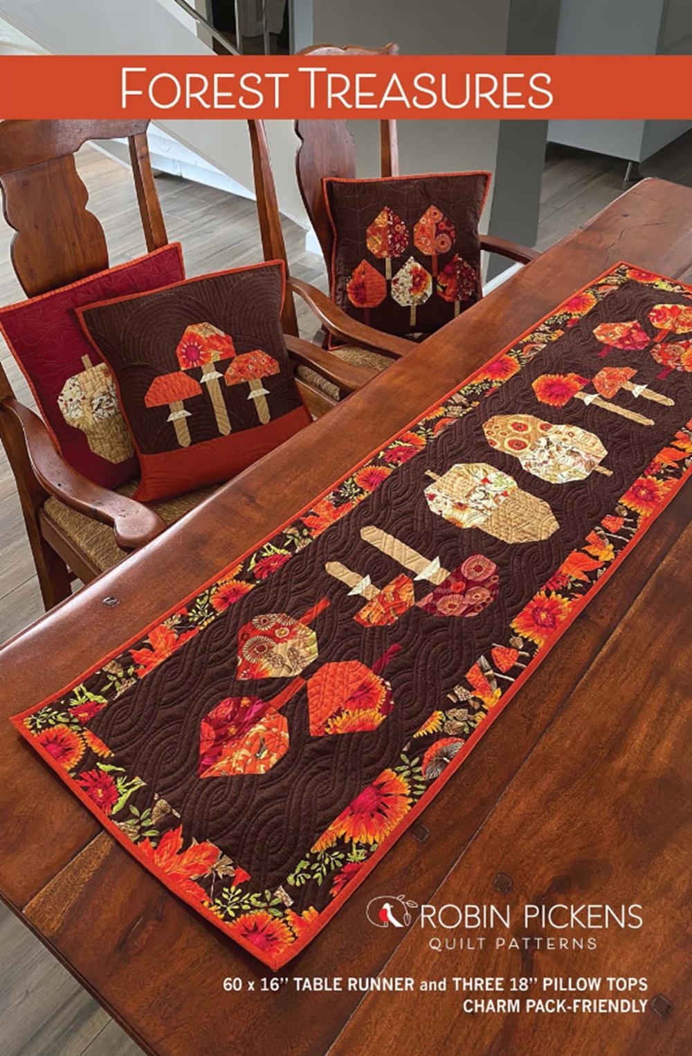 Forest Treasures Table Runner Pattern by Robin Pickens. Charm pack friendly. Runner(60"x16") and pillow(18") pattern instructions included.