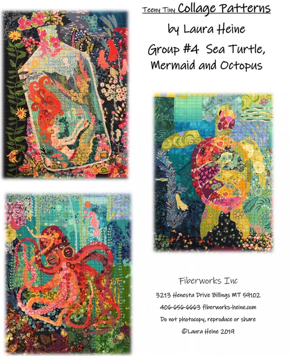 Teeny Tiny Collage Quilt Patterns by Laura Heine - Group #4, Sea Turtle, Mermaid, Octopus - Finished size approximately 16" x 20"