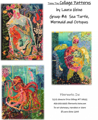 Teeny Tiny Collage Quilt Patterns by Laura Heine - Group #4, Sea Turtle, Mermaid, Octopus - Finished size approximately 16" x 20"