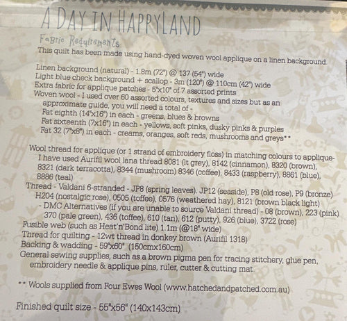 A Day in HappyLand Quilt Pattern: Wool Applique Stitchery (55" x 56")