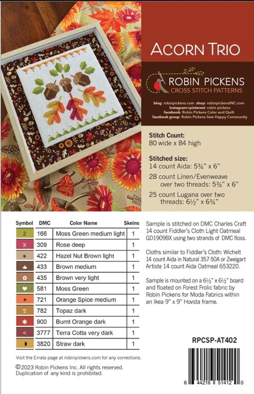 Acorn Trio Cross Stitch Pattern by Robin Pickens - 6" x 6"