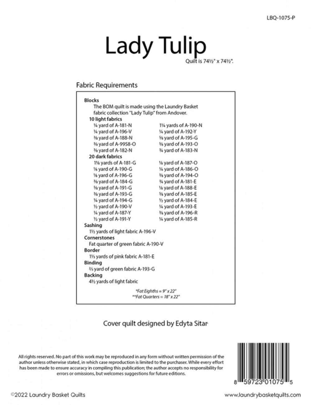Lady Tulip Quilt Pattern: Pieced Design (74-1/2" x 74-1/2")