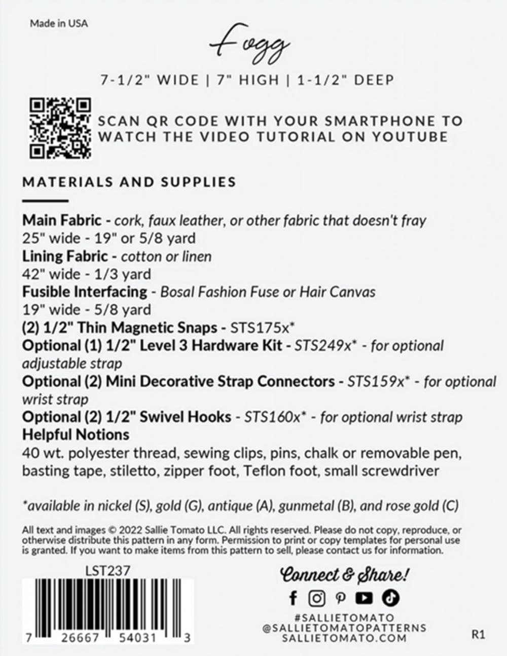 Fogg Belt Bag Pattern - Sallie Tomato Mini Pattern