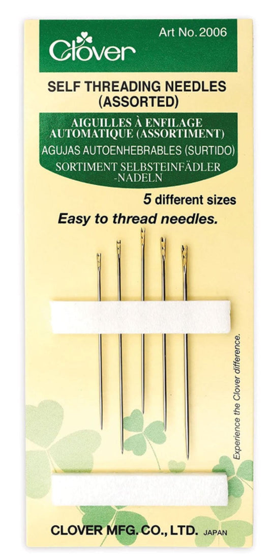 Clover Self Threading Needles, assorted sizes.  Includes 5 needles in various sizes.  Made in Japan.