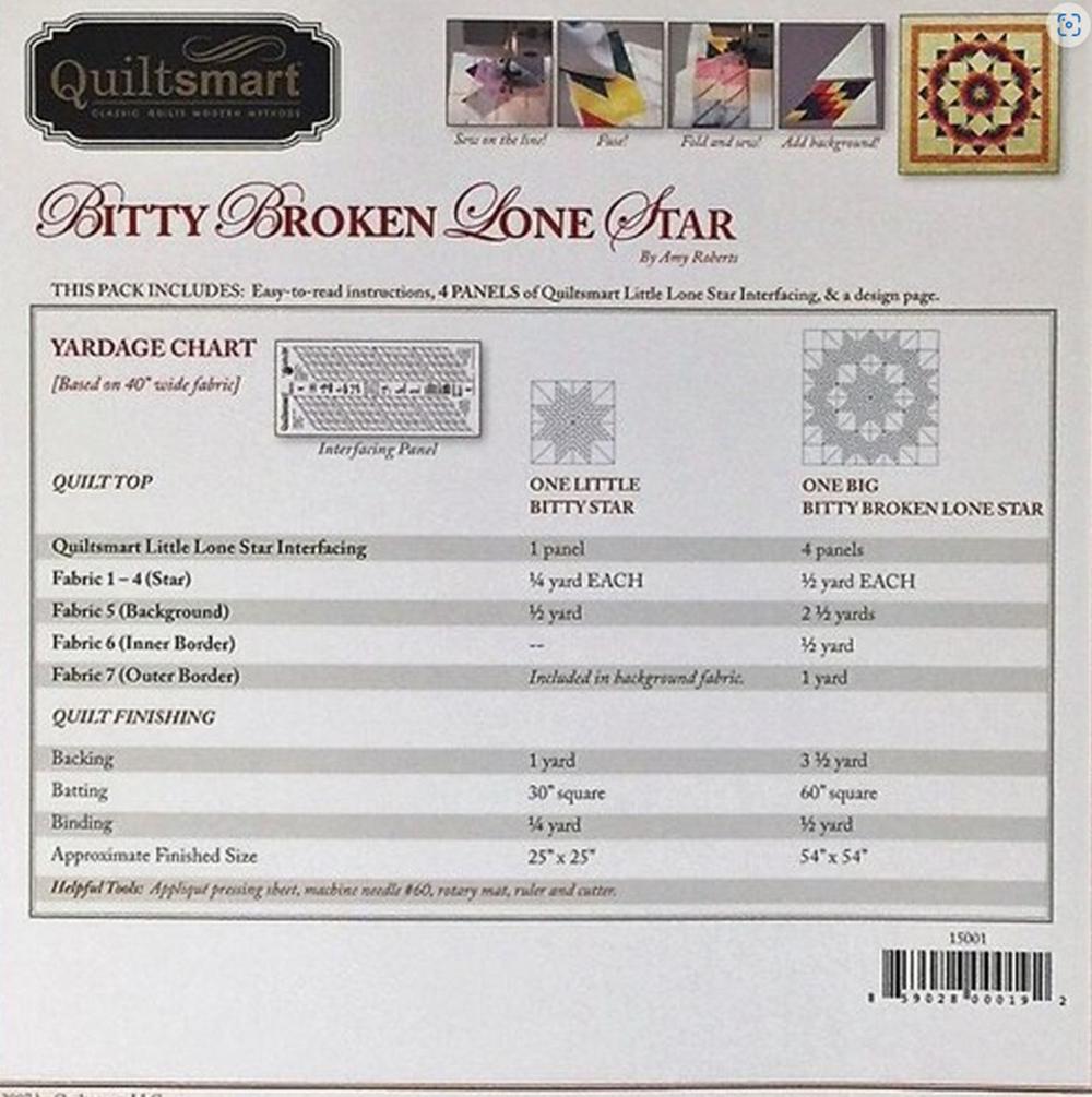 Quiltsmart Little Lone Star - previously known as Bitty Broken Lone Star includes 4 panels of Interfacing + instructions.