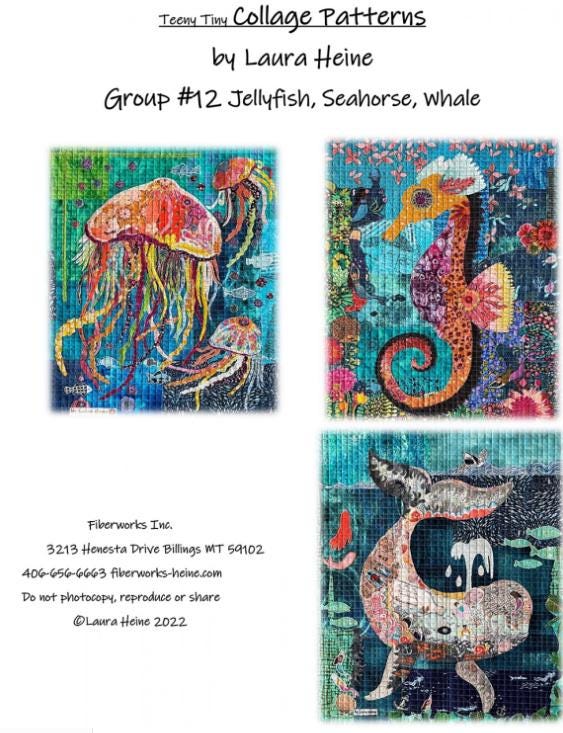 Teeny Tiny Collage Quilt Patterns #12 by Laura Heine - Jellyfish, Seahorse, Whale (16" x 20")