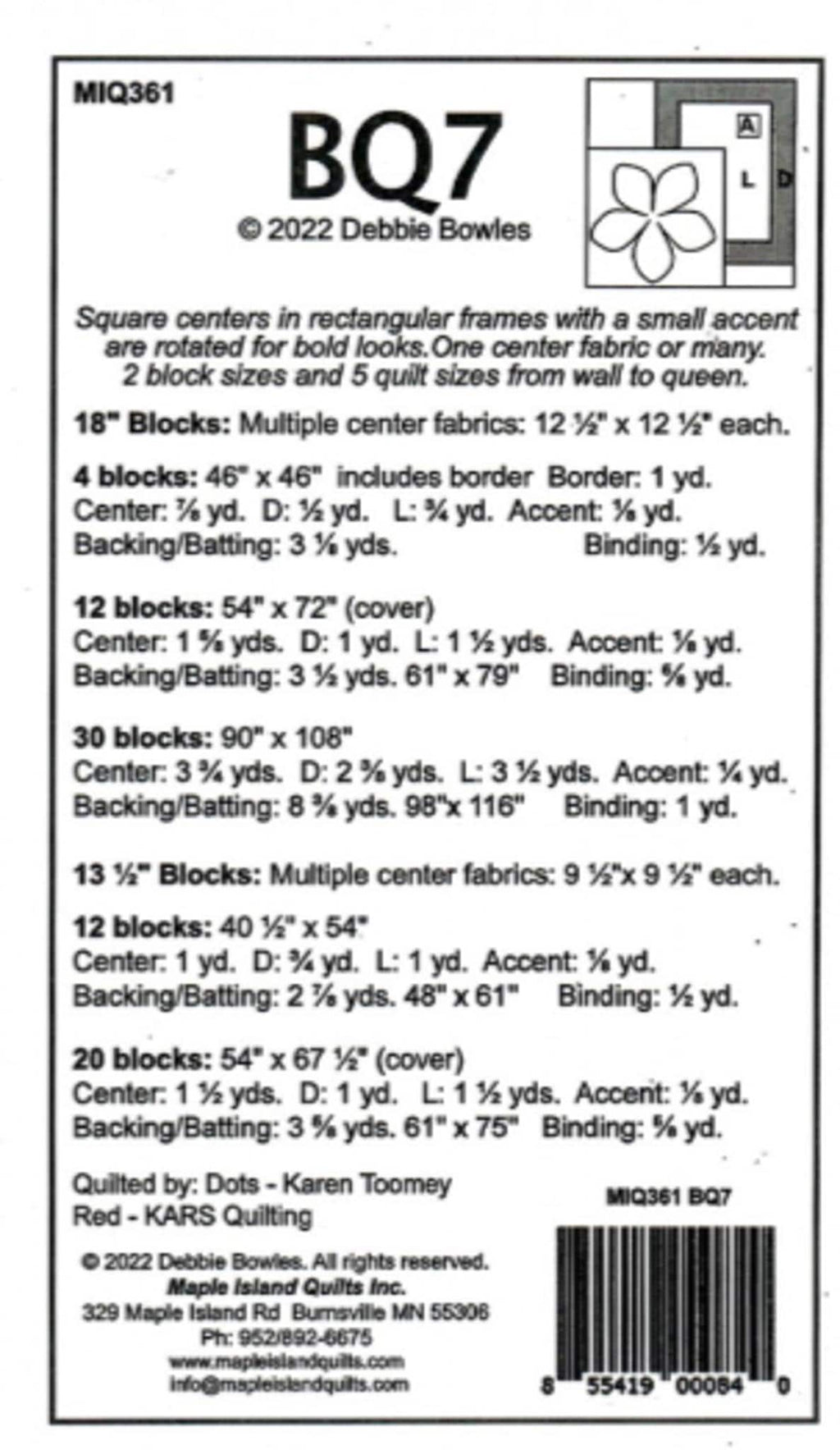 BQ7 Quilt Pattern by Debbie Bowles - 5 sizes