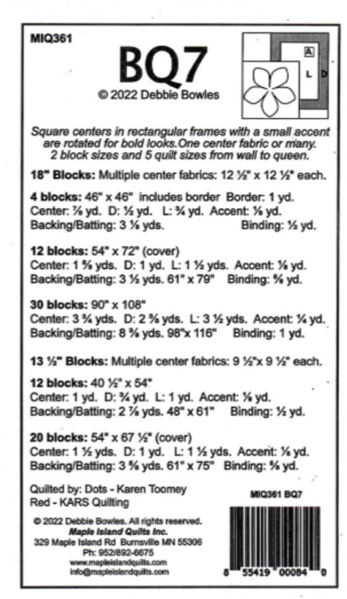 BQ7 Quilt Pattern by Debbie Bowles - 5 sizes