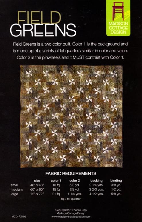 Field Greens Quilt Pattern: Pinwheel Design (Three Sizes)