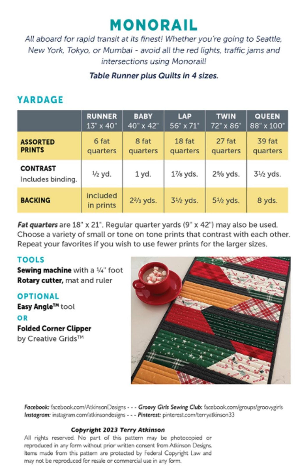 Monorail Quilt Pattern by Terry Atkinson, Table Runner Quilt 13" x 40" and 4 additional quilt sizes