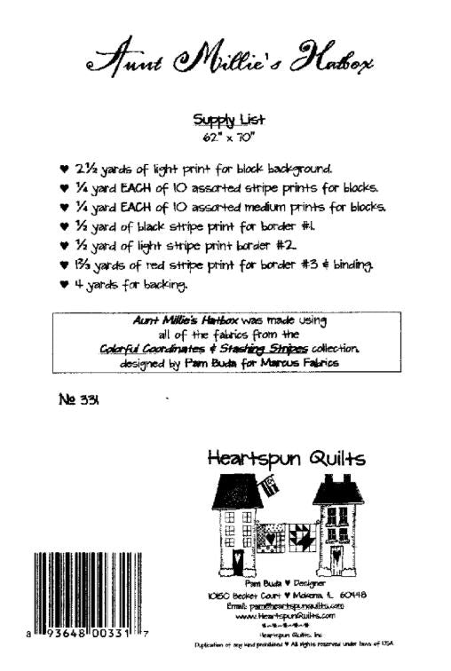 Aunt Millie's Hatbox Quilt Pattern by Pam Buda- Finished size 62" x 70"