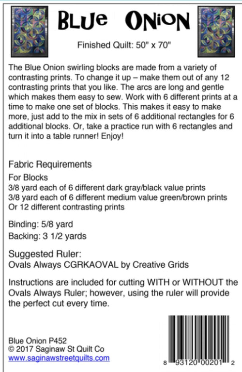Blue Onion Quilt Pattern by Saginaw St - approx 50" x 70" finished size