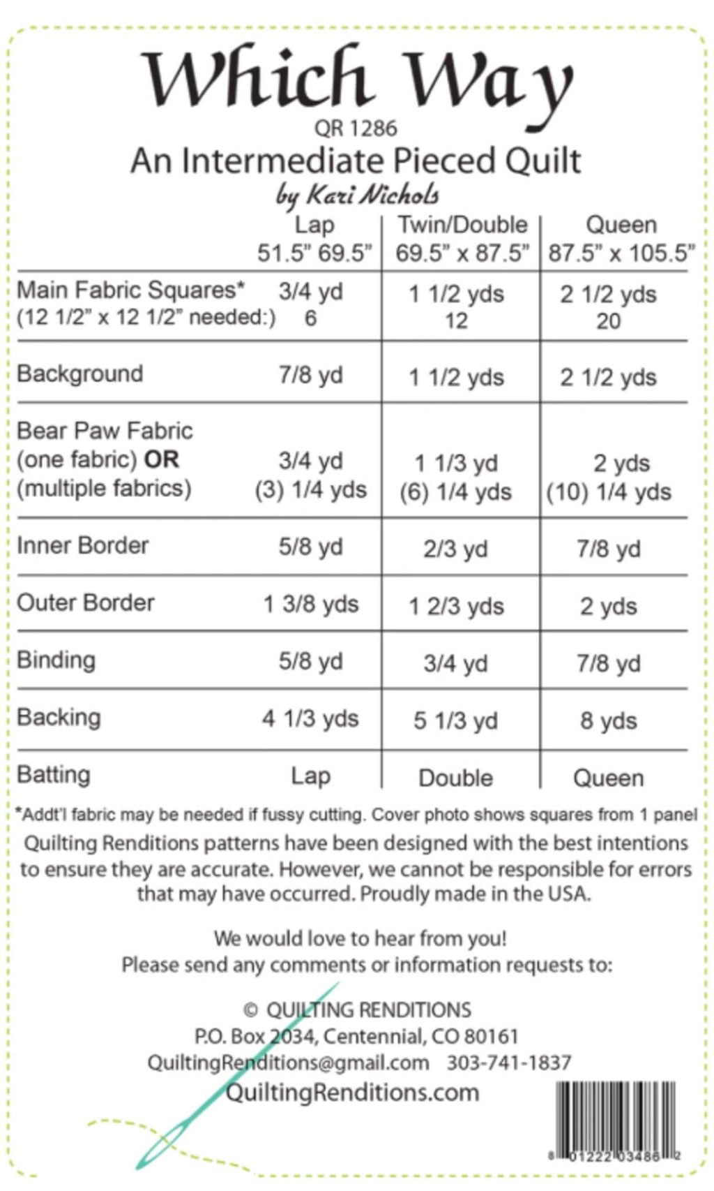 Which Way by Kari Nichols from Quilting Renditions - instructions for 3 sized included.
