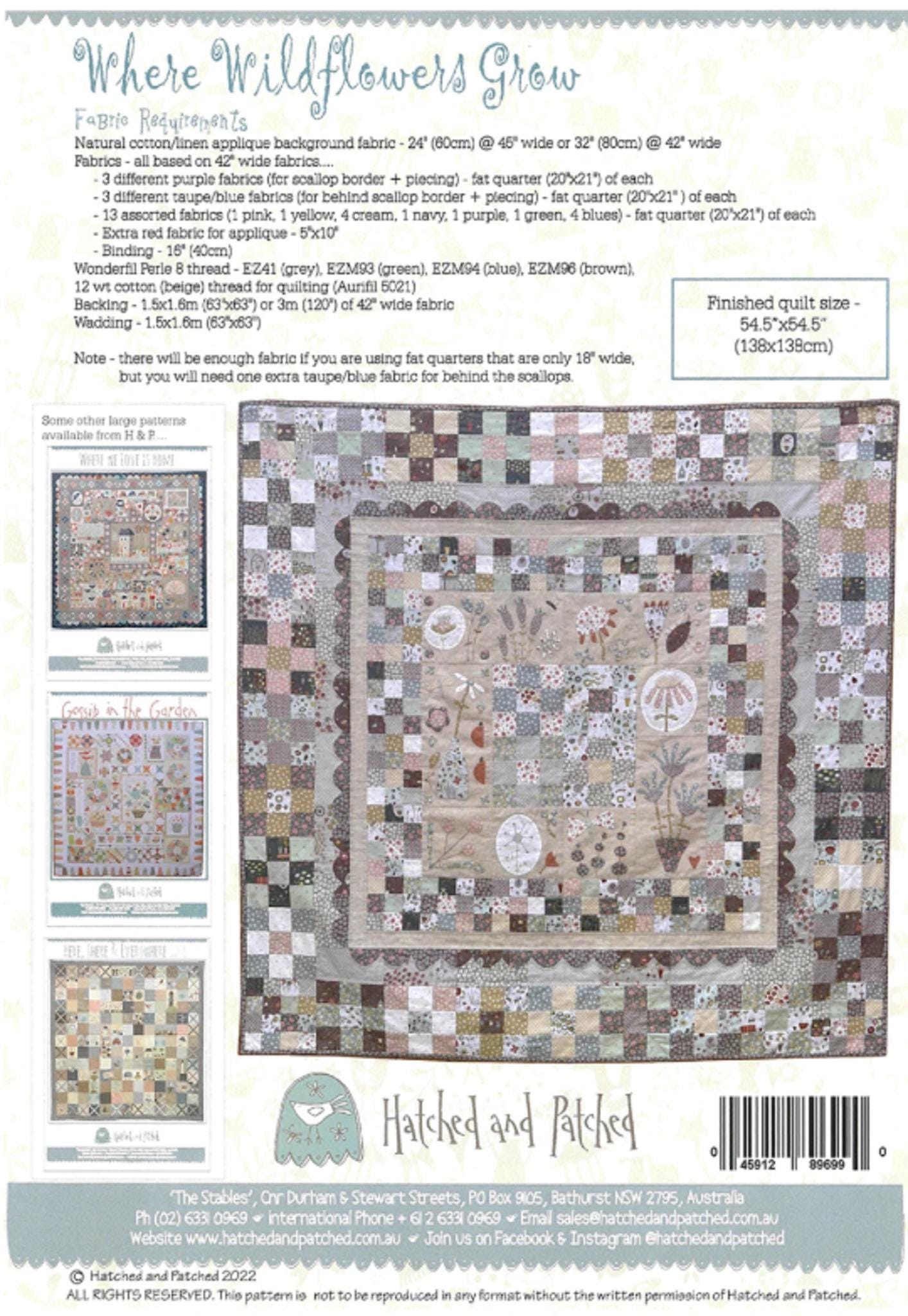Where Wildflowers Grow Quilt Pattern by Anni Downs - finished size 54" x 54".  For Hatched and Patched.