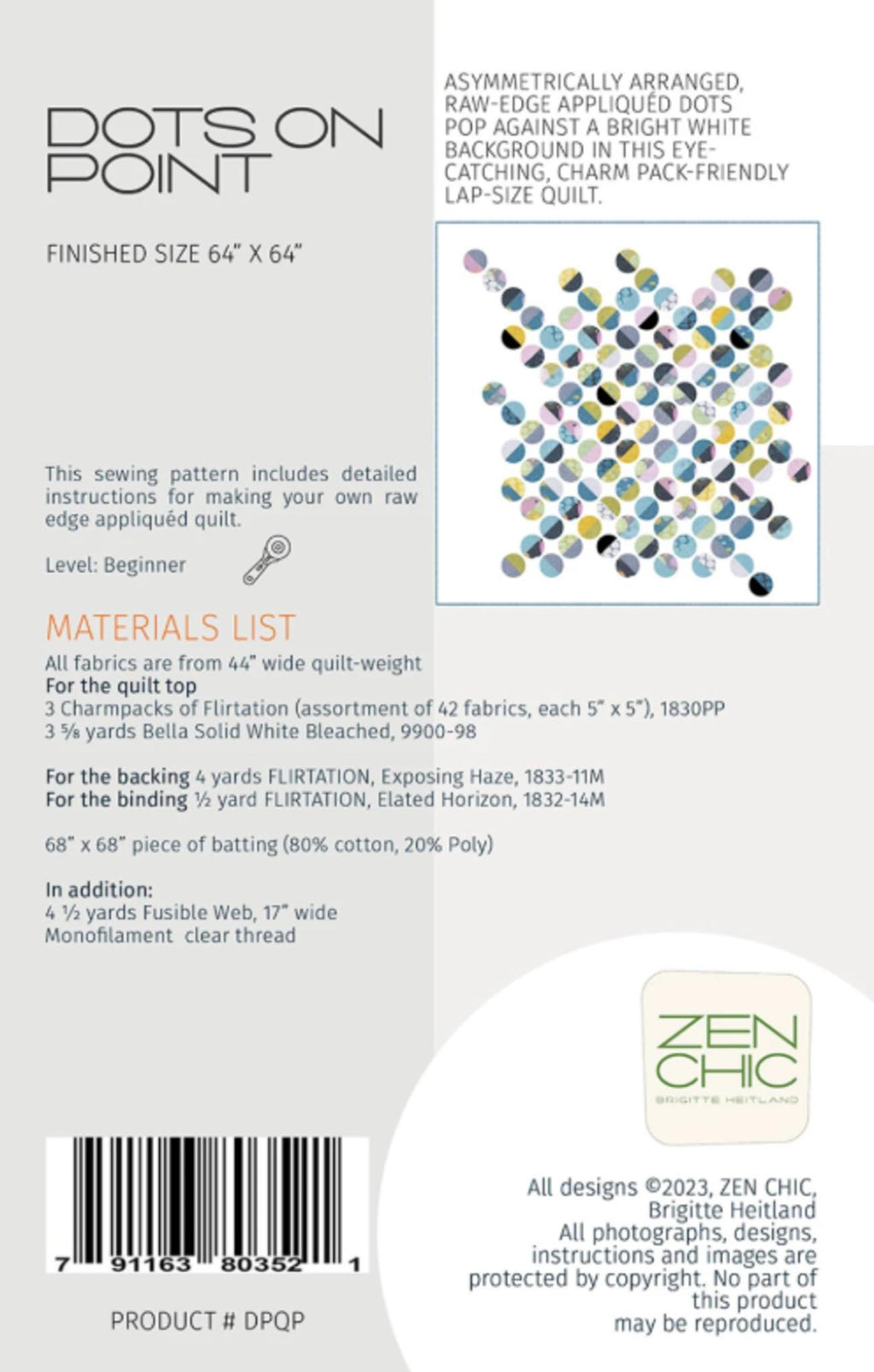 Dots on Point Quilt Pattern by Brigitte Heitland for Zen Chic - 64" x 64"