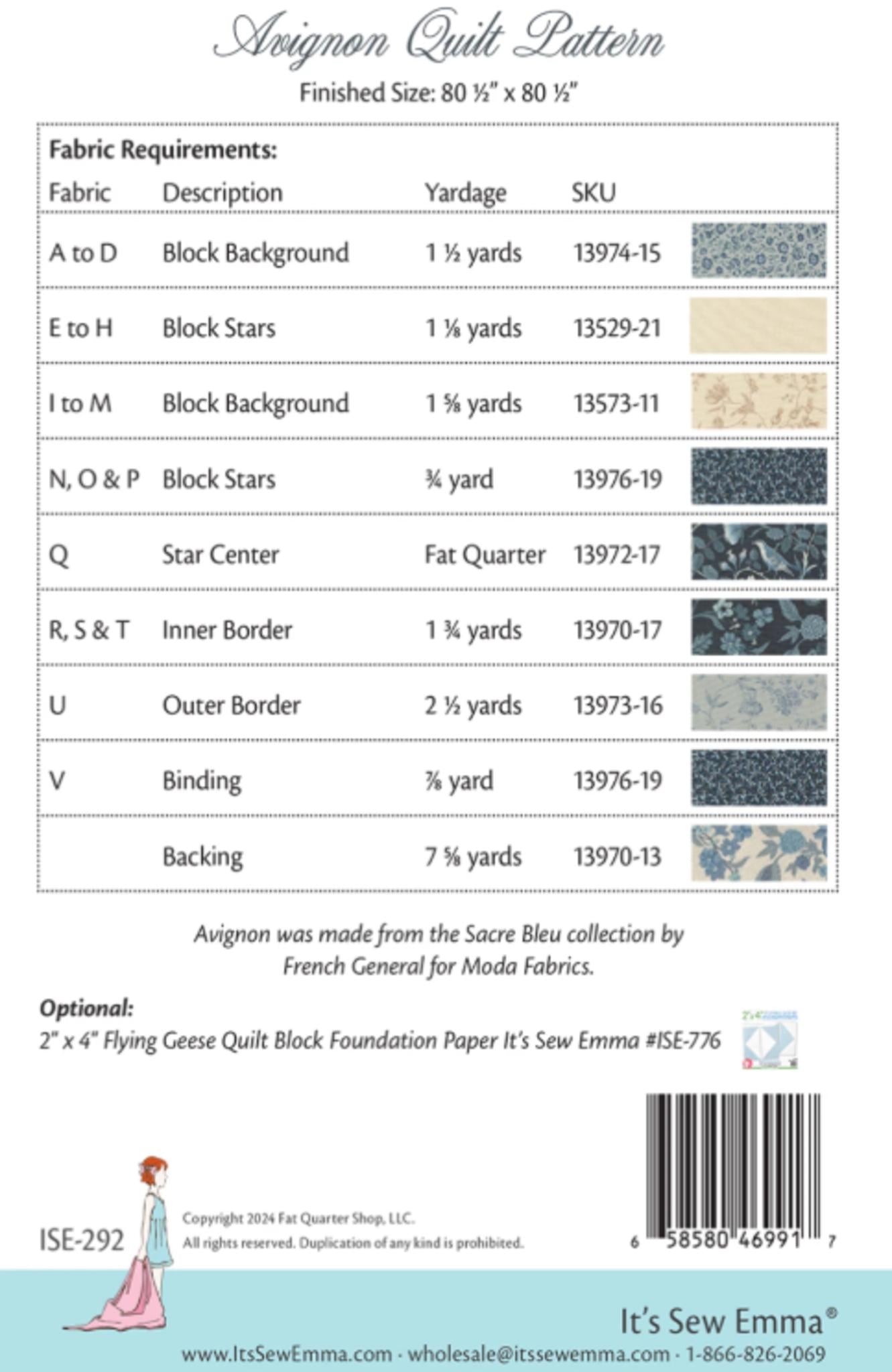 Avignon quilt pattern from It's Sew Emma - 80.5 x 80.5 using Sacre Bleu collection