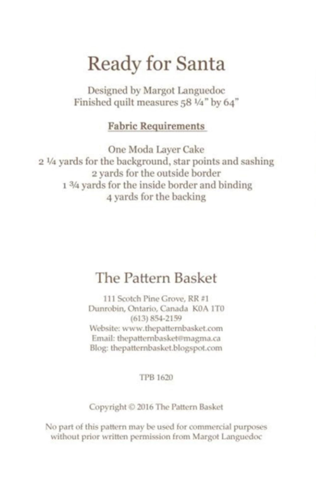 Ready for Santa Quilt Pattern by Margot Languedoc from Pattern Basket - 58.5 x 64