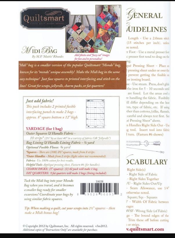 Quiltsmart Bag Interfacing Only: Mondo, Midi, Bitty Sizes; No Instructions Included