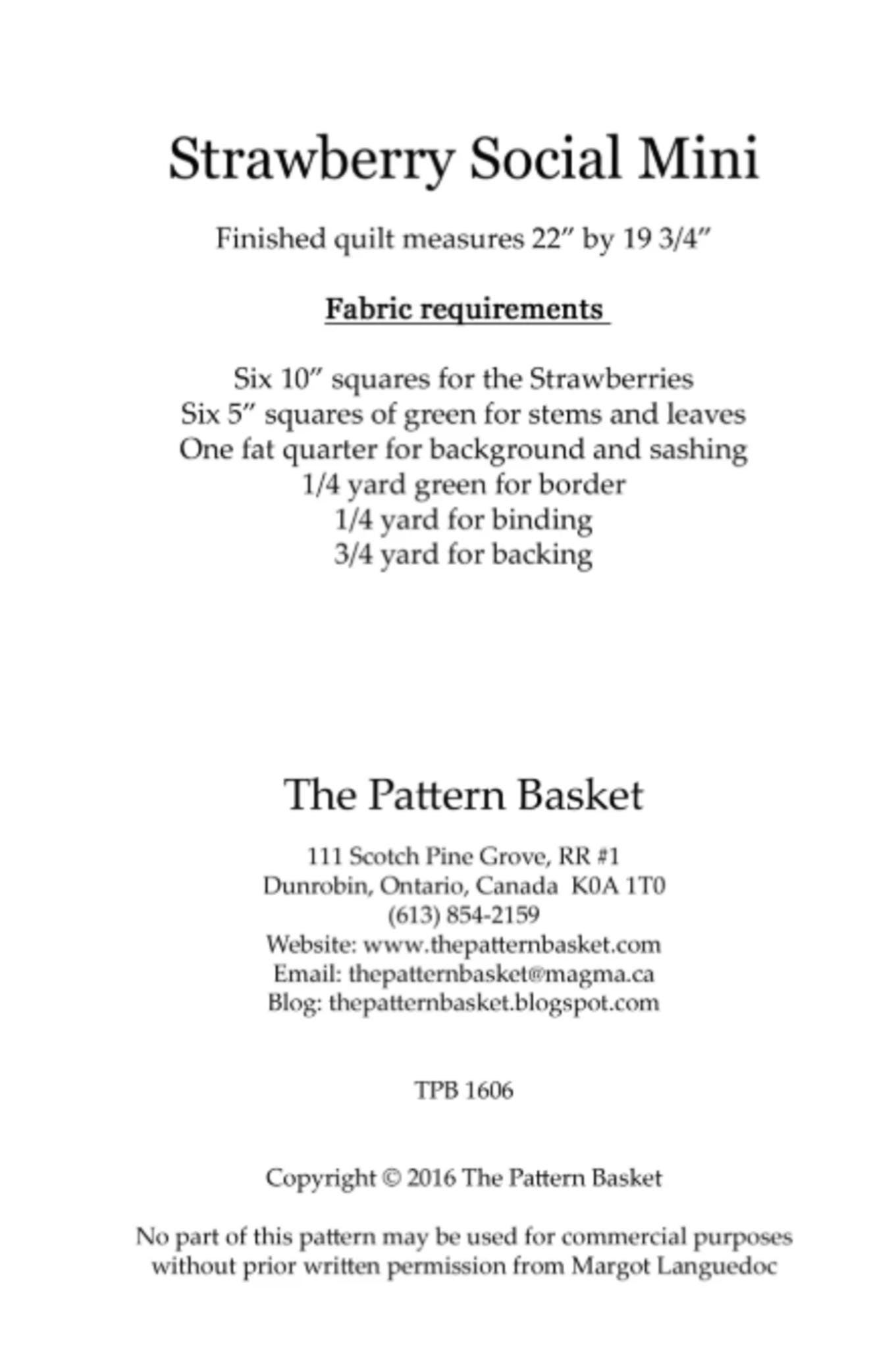 Strawberry Social Mini Quilt Pattern by Margo Languedoc of Pattern Basket - Precut Friendly; 19 3/4" x 22"