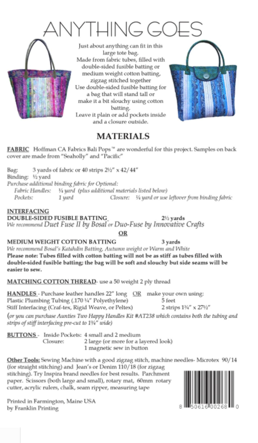 Anything Goes Tote Bag Pattern: Aunties Two, Large DIY Project (15x15x8in)