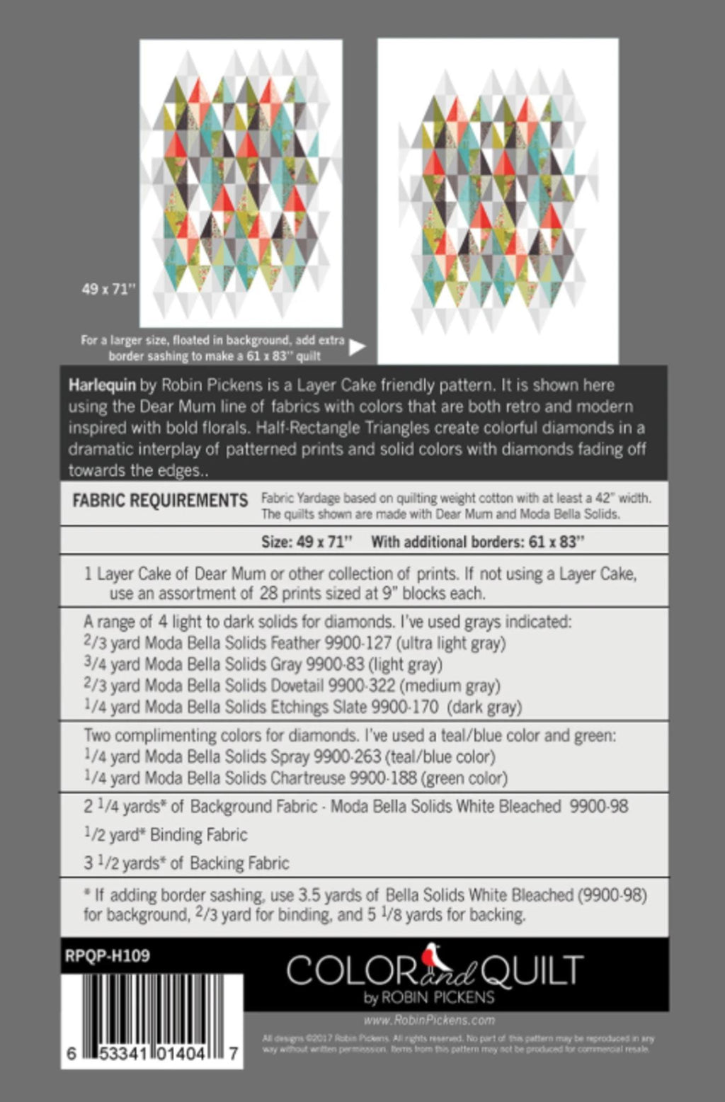Harlequin Quilt Pattern by Robin Pickens. Layer Cake Friendly.