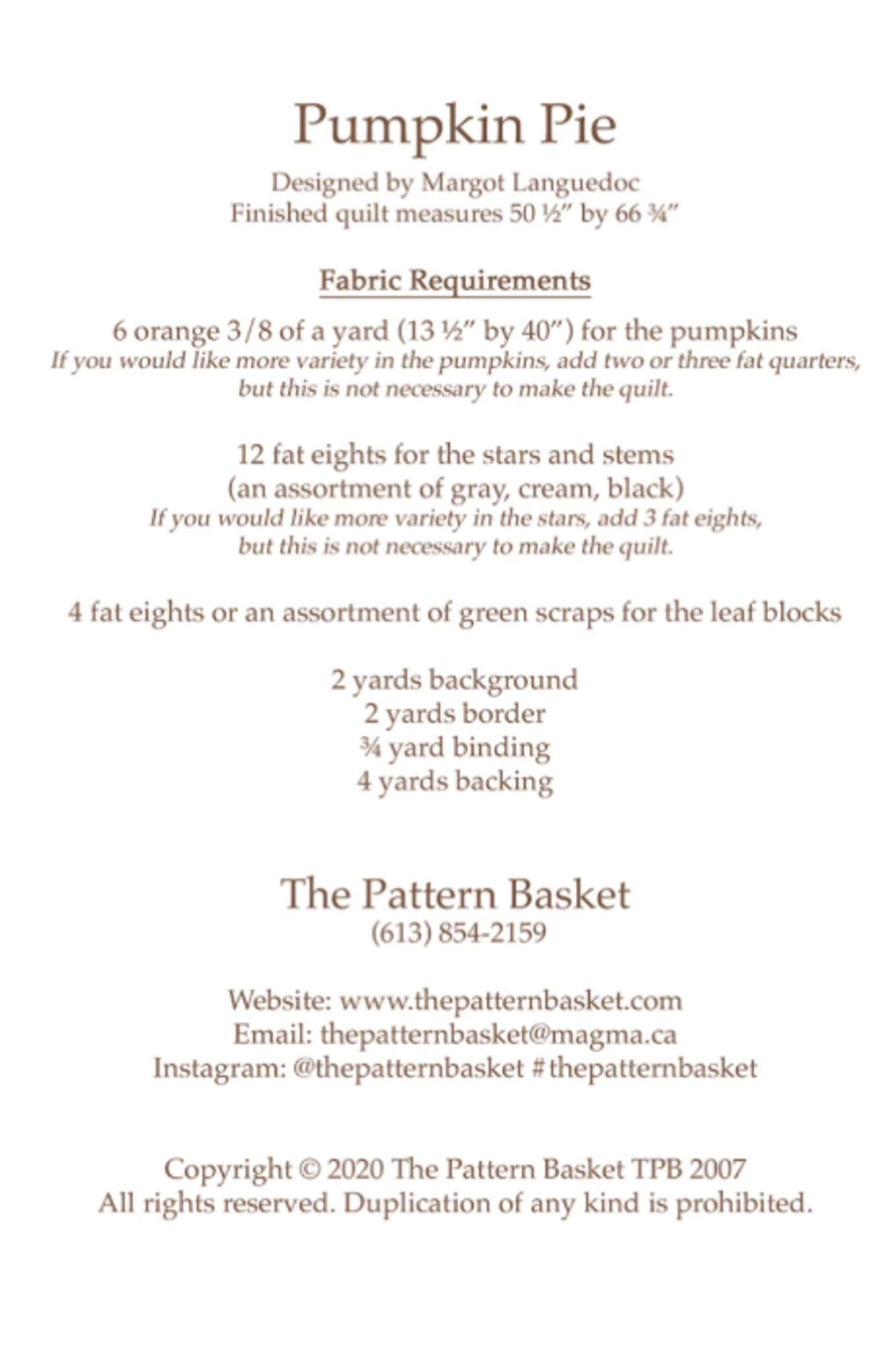 Pumpkin Pie Quilt Pattern by Margot Languedoc Designs - 50.5" x 66.75"