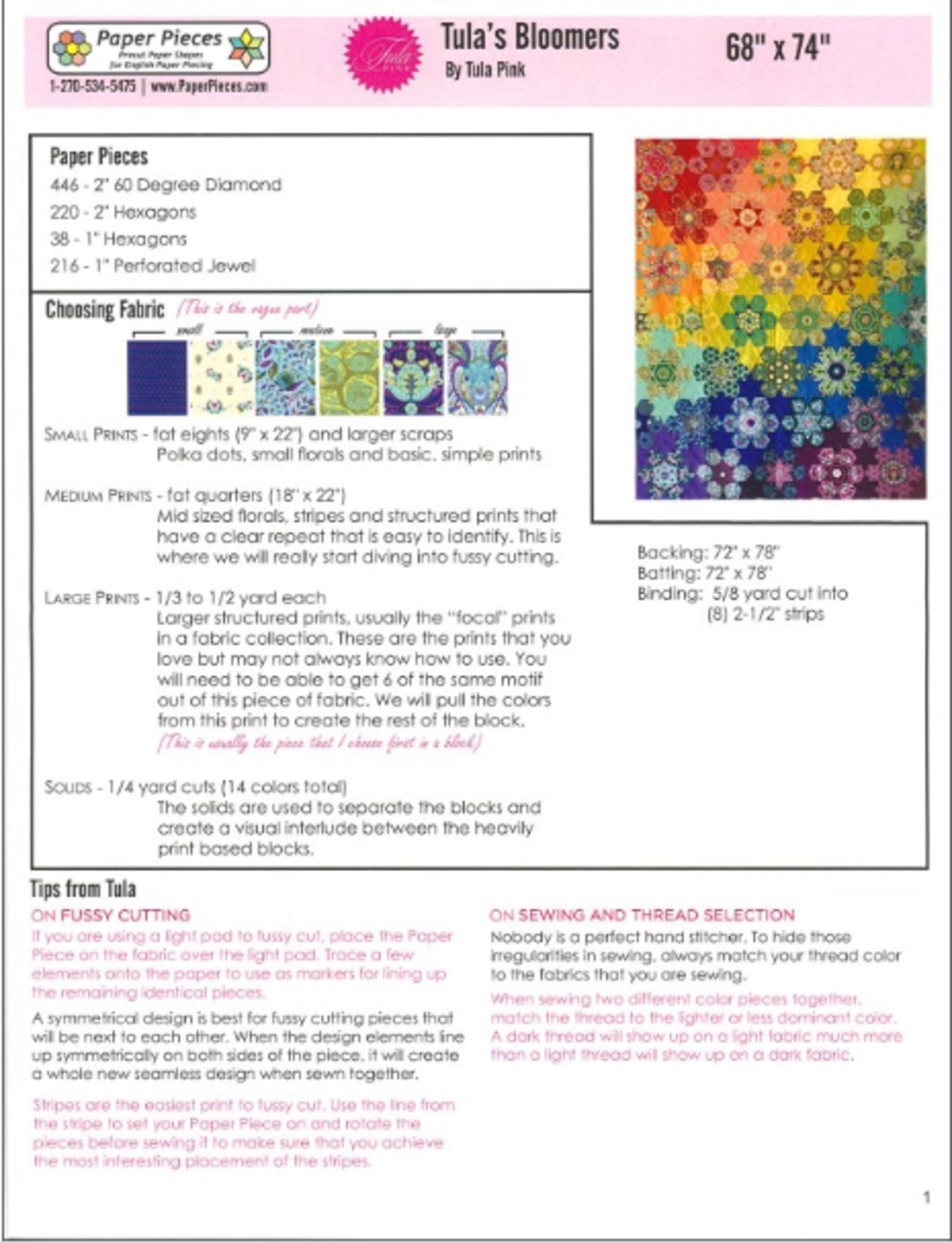Tula Pink's Bloomers Quilt Pattern & Paper Piece Pack (68" x 74")